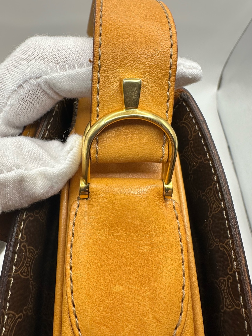 Celine Brown Monogram Leather Clutch with Tan Strap and Gold Hardware - Picture 8 of 16